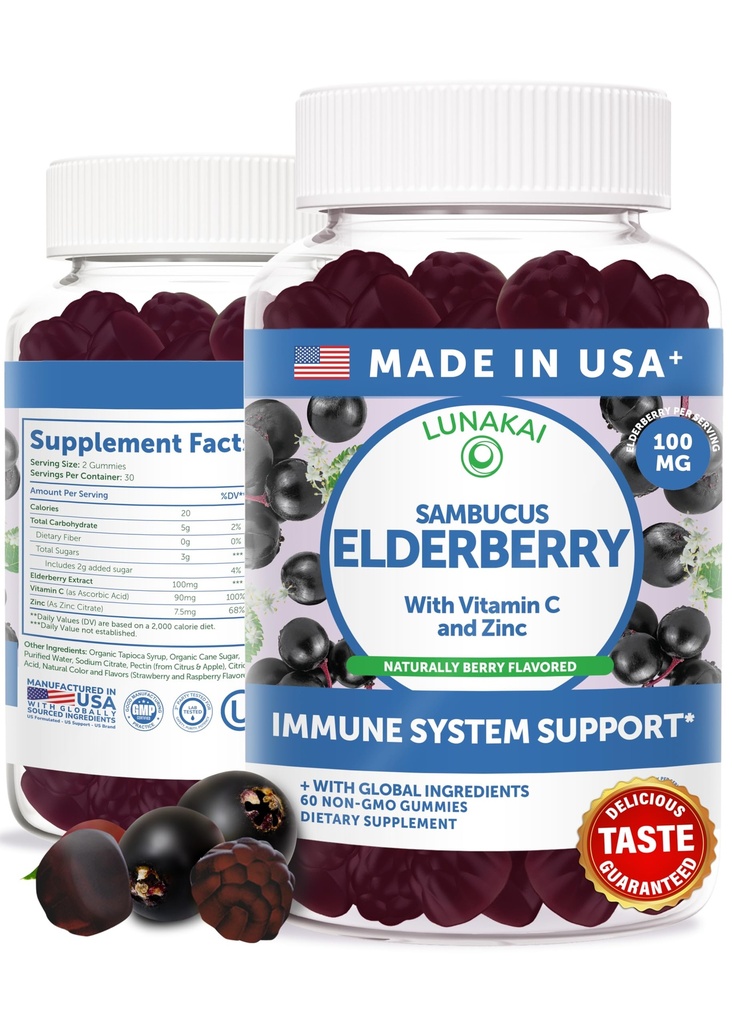 Lunakai USA Made Black Sambucus Elderberry Gummies for Adults & Kids with Vitamina C & Zinc - Imune Support, Antioxidantes, Não-GMO, 60 Gummies