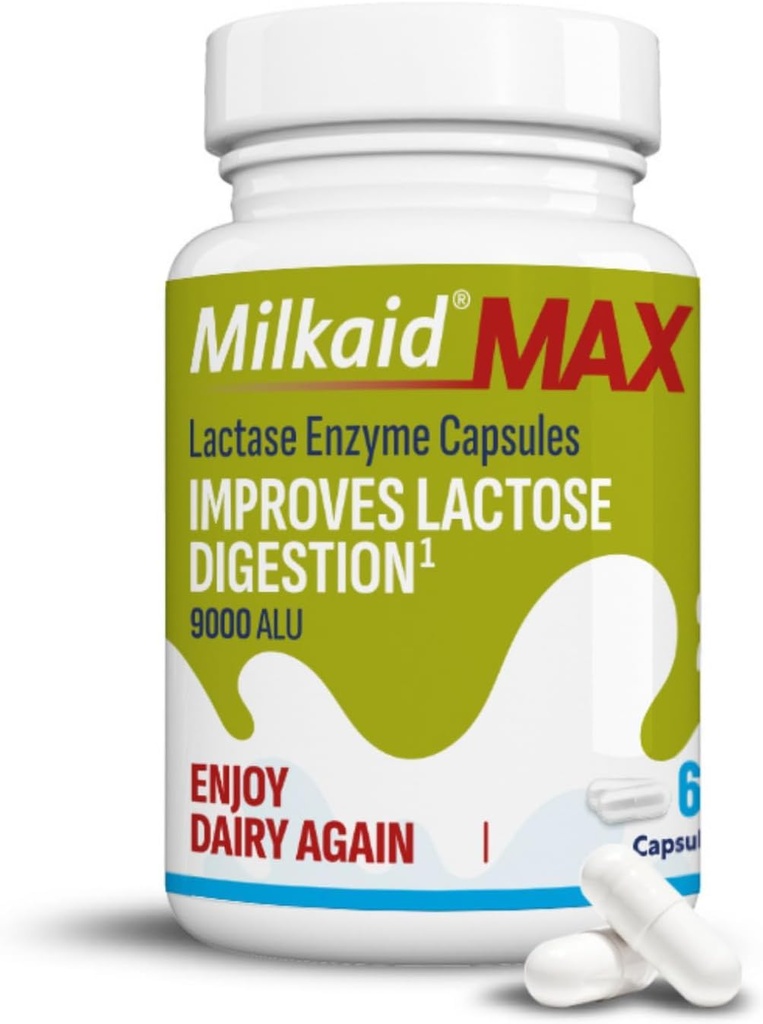Milkaid Max Cápsulas para alívio da intolerância à lactose com Lactase Enzima, Suplemento dietético para ajudar a prevenir o gás, o inchaço e a diarreia Devido à sensibilidade à lactose