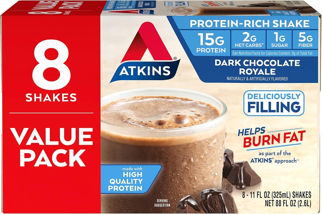 Atkins Gluten Free Protein-Rich Shake, Chocolate escuro Royale, Keto-Friendly, 8 contagem (Pacote de 1)