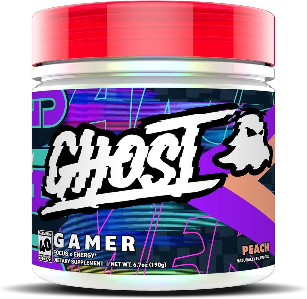 GHOST Gamer: Energia e Focus Support Fórmula - 40 Servings, Pêssego - Nootrópicos & Cafeína Natural para Atenção, Precisão e Tempo de Reação - Vegan, Sem glúten