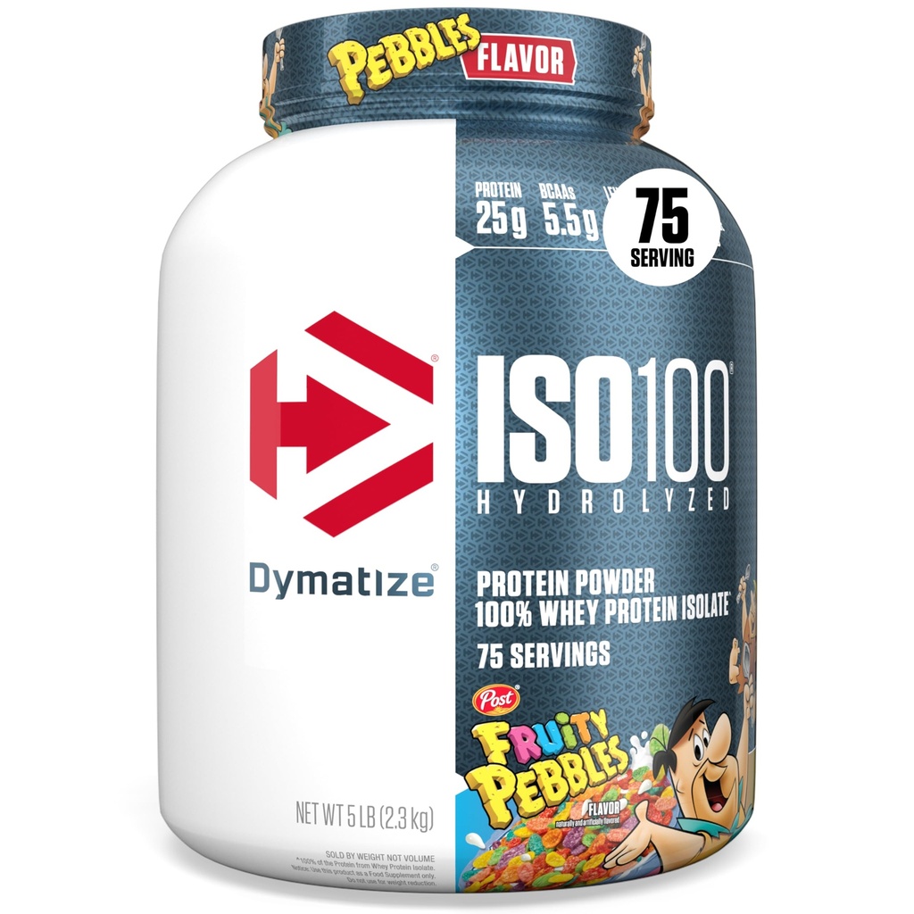 Dymatize x Fruity Pebbles ISO100 Whey Protein Powder Isolate, 25g de proteína, 5,5g BCAAs, 120 Cal., Gluten Free, 1g de gordura, 1g de açúcar, 2g de carboidrato (75 Servings)