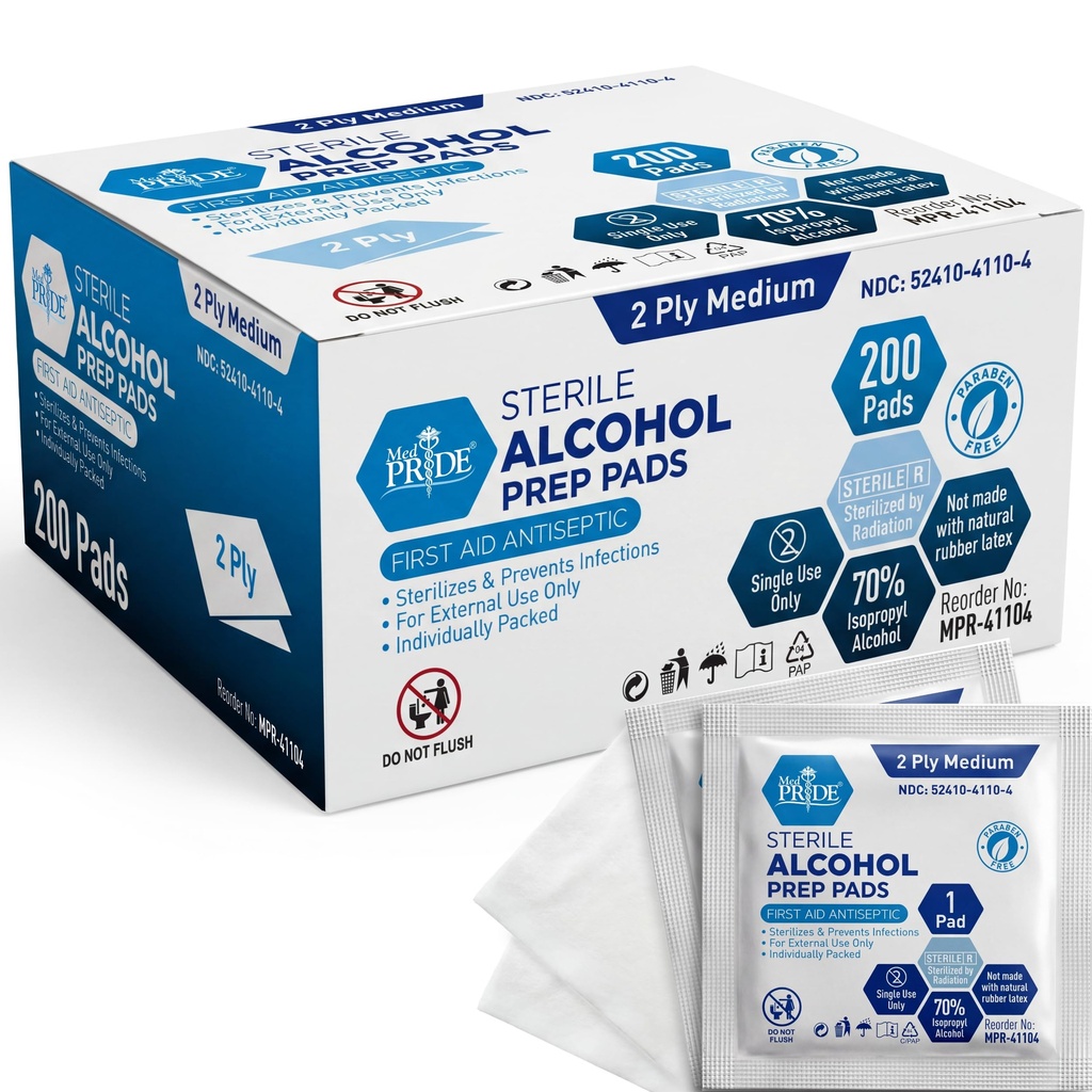 MED PRIDE Preparadores de Álcool Estéril, Antisséptico, Isopropil 70%, Individualmente Envolto, Grau Médico 2 Ply Wipes (200 Count (Pacote de 1) Branco)