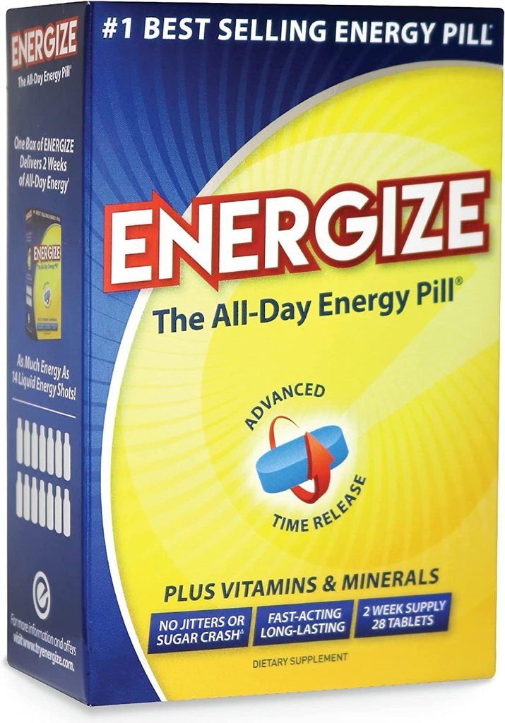 Energize pílulas de cafeína - Pill de Energia de Atuação Rápida - Suplemento de Cérebro de Foco Saudável - Melhor desempenho, alerta e claridade - Energia de Todos os Dias, Sem Jitters, Sem Crash - Comprimidos de 28 Horas Lançados