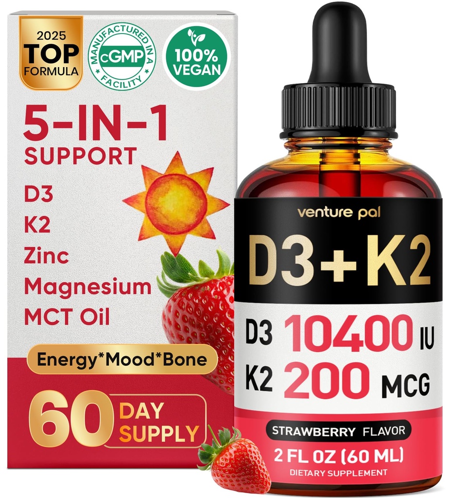 Venture Pal 5-in-1 Vitamina D3 10000 UI & K2 como MK-7 200mcg com magnésio, MCT Oil, Zinco, Vitamina D Líquida Livre de Açúcar, Absorção Máxima para Saúde Óssea, Mood & Imune - 2 FL OZ, 67 dias