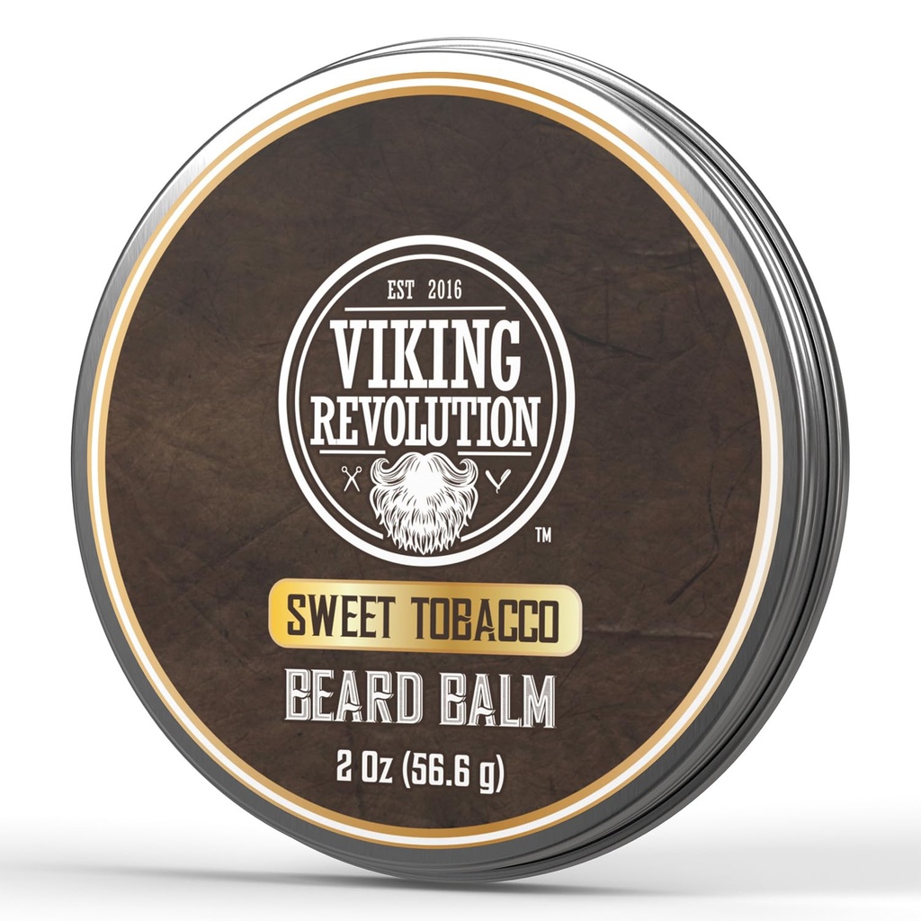 Viking Revolution Sweet Tobacco Barba Balm - Manteiga de barba perfumada de tabaco com óleo de Argan & óleo de Jojoba - suaviza e hidrata barbas para homens (2 onças, 1 pacote)