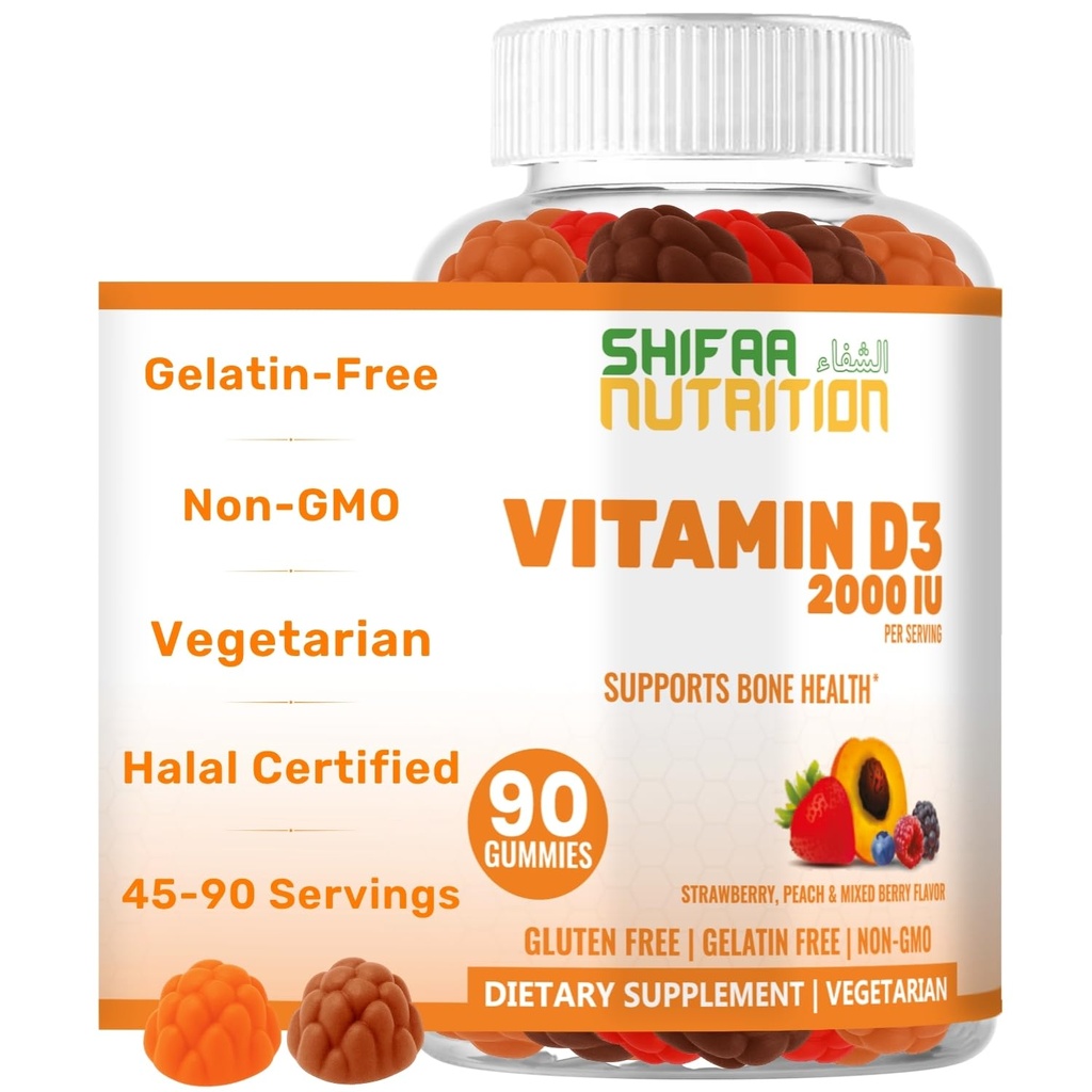 NUTRIÇÃO SHIFAA pastilhas vegetarianas de vitamina D3 para adultos e crianças 45-90 Servimentos, 2.000UI / 1.000UI □ Sem GMO, Sem Glúteo, Sem Gelatina □ Suporta ossos, músculos e vitamina Halal do sistema imunológico