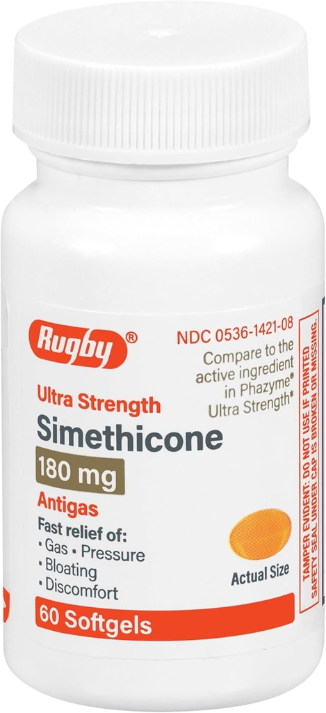 Rugby Ultra força Simethicone gás alívio 180 mg - máximo alívio de gás para adultos - pode ajudar com sintomas de flatulência, Bloating, cheia de gás - 60 Softgels (1 pacote)