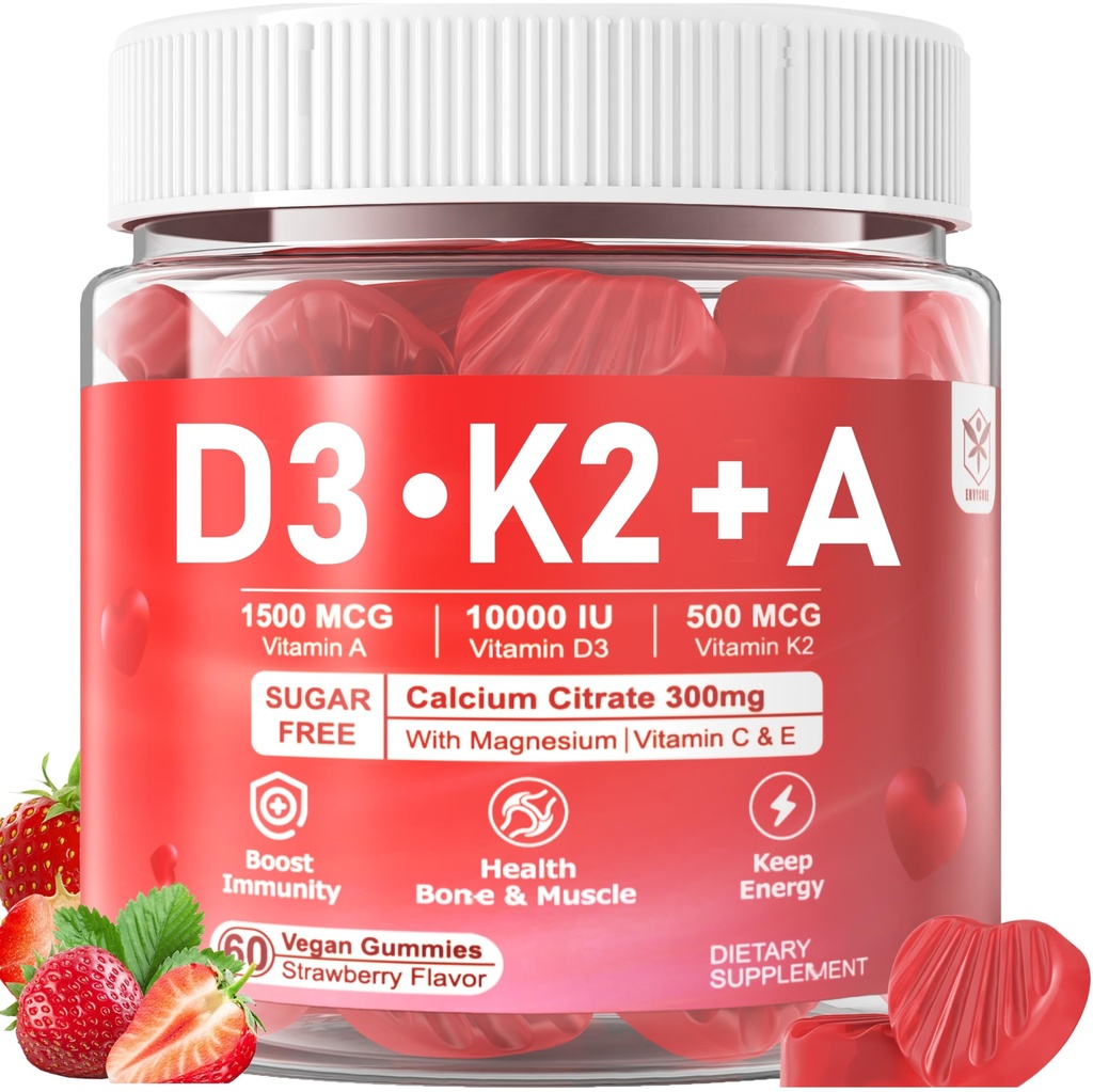 Vitamina D3 10000iu + K2 MK7 + A chicletes com zinco de magnésio de cálcio para mulheres e homens, alta potência ADK Suplemento Vitamina Suporta Sistema imunológico saudável, Função óssea e visão, Açúcar grátis 120 Cts