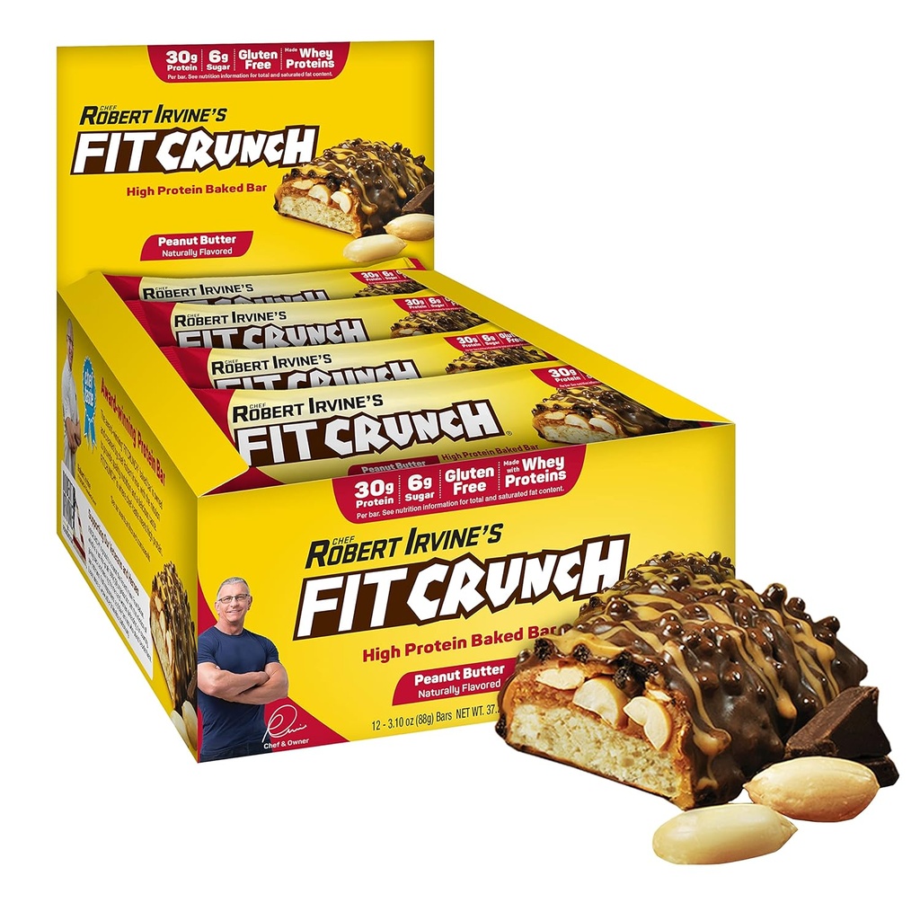 FITCRUNCH Bares de proteína de tamanho completo, 6-Layer Baked Bar, 6g de açúcar, Gluten Free & Soft Cake Core (12 Bares, Manteiga de amendoim)