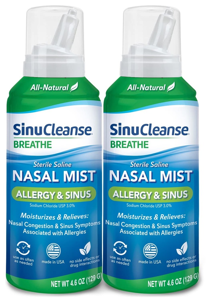 SinuCleanse Allergy & Sinus Sinus Sterile Salin Nasal Spray, Ultra Fine Mist, Instantaneamente Hidrata e Alivia Congestão Nasal Grave Devido a Alergias, 4.6 Oz (2 Pack), Made in USA