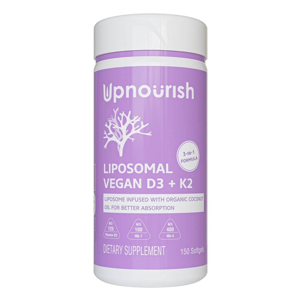 UpNourish Certified Vegan Vitamina D3 5000 UI K2 MK4 MK7 500 mcg Suplemento, 150 Softgels, planta baseada em vitamina D K lipossomal com óleo de coco orgânico, não OGM, glúten e gelatina livre