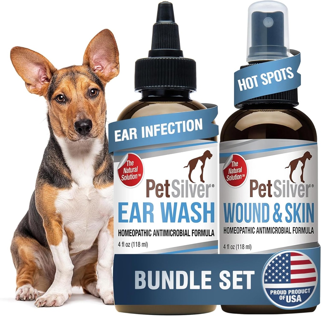 PetSilver - Pulverização de Feridas e Pele (4 fl oz) e Lavagem de Orelhas (8 fl oz) com Prata Quelada Patenteada - Cuidados com Feridas, Hot Spot, & Itch Relief Spray - Limpador de Orelhas e Tratamento para Gatos e Cães - Made in USA