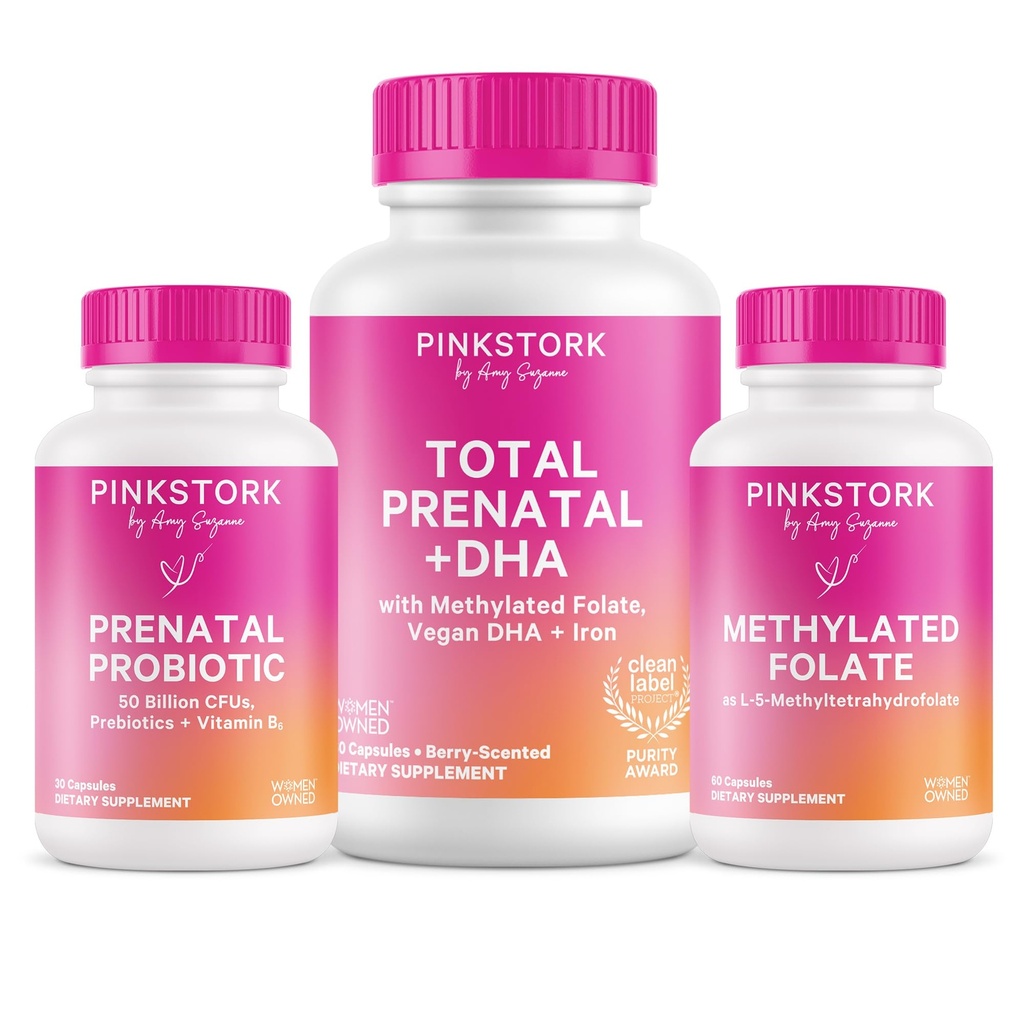 Cegonha rosa total pré-natal, folato probiótico e metil – pacote de bem-estar da gravidez