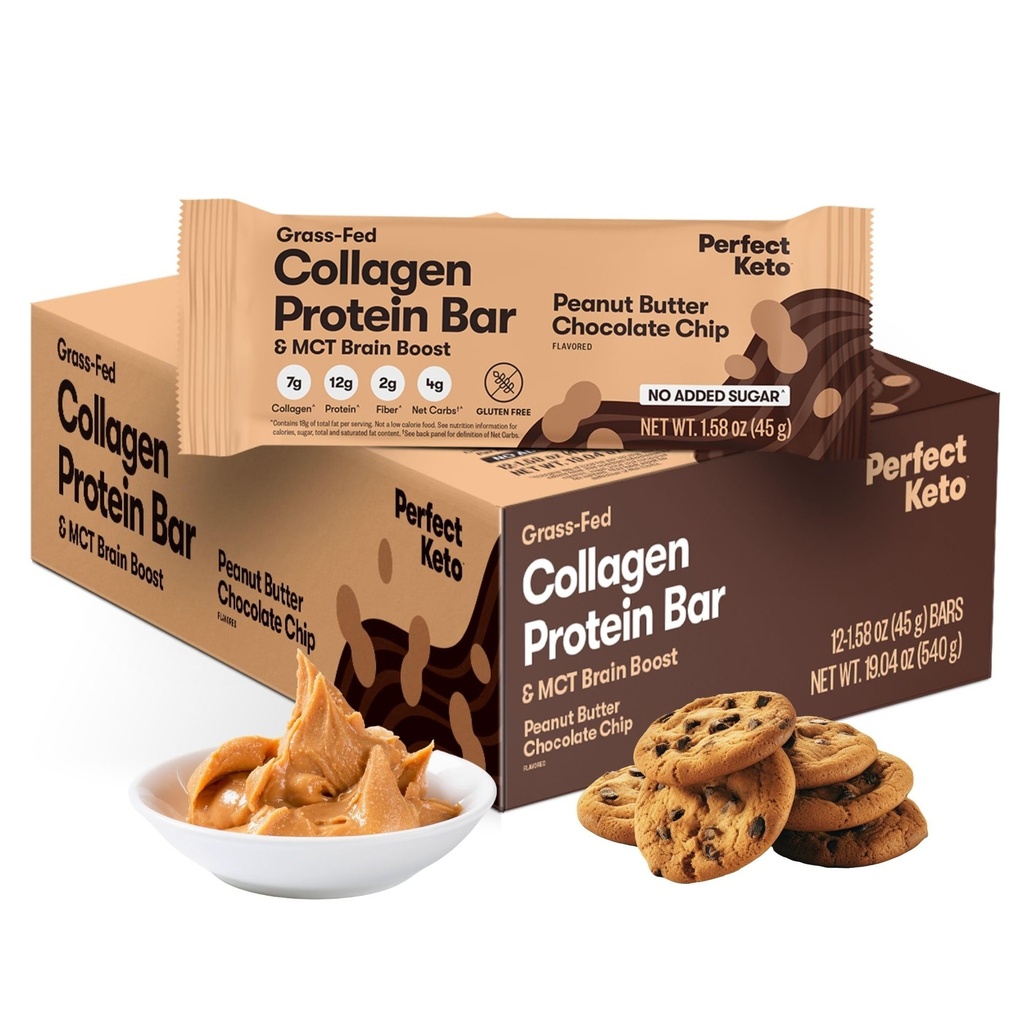 Perfect Keto Colagen Protein Bar, Glúten Free Grass Fed Colágeno + MCT Óleo, Baixo Carbo, Sem açúcar adicionado, Lanches de alta proteína, Keto Diet Foods, 13g Protein, 18g Fat, 3g Net Carbs, Peanut Butter Chocolate Chip, 12 Bares