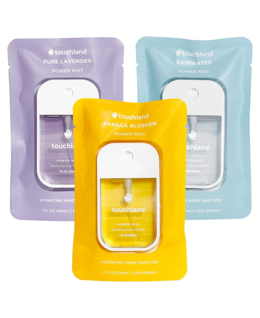 Touchland Power Mist Hydrating Hand Sanitizer Spray, BLOSSOM Trio Set (Lavanda, Baunilha, Água da Chuva), 1 FL. OZ. Tamanho de Viagem (Configuração de 3)