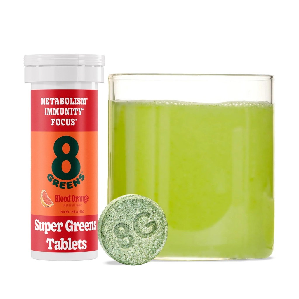 8Verdes Superverdes Tablets Super Verdes Pó Superalimentar Tablet, Metabolismo Imunidade & Foco, Verdes Diário Comprimidos Efervescentes, Orgânico: Aloe Vera, espirulina, chlorela, Sangue Laranja, 10 Servings