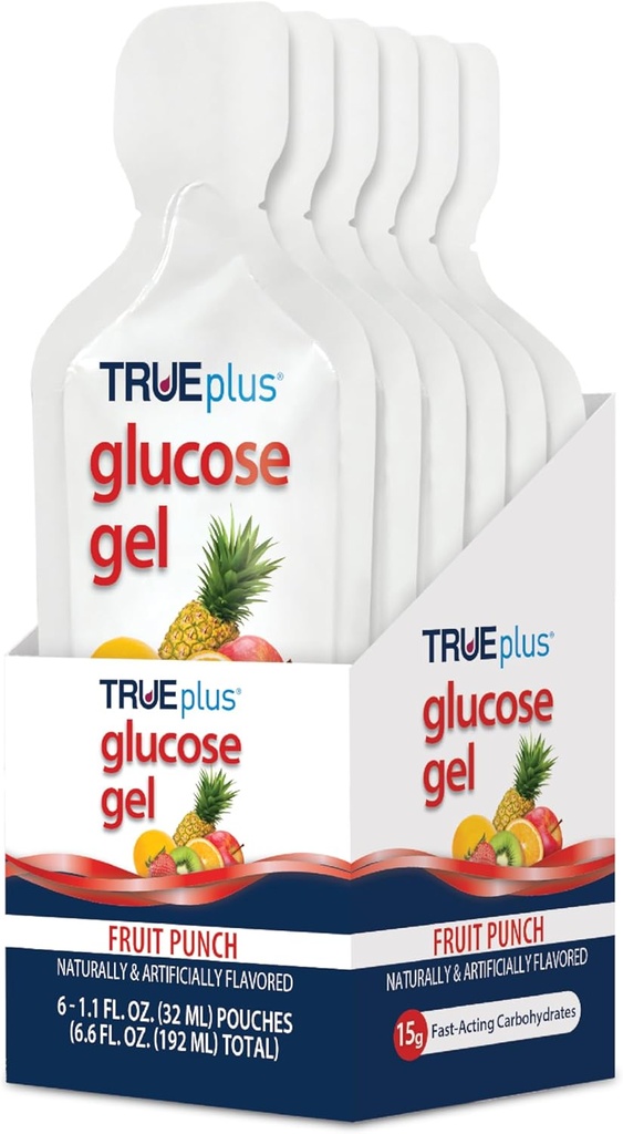 TRUEplus Glicose Gel Pouch, Fruit Punch Flavor, 15g de carboidratos de ação rápida, Livre de gordura, Sem glúten, Suporte rápido para baixo açúcar e energia de sangue, 6 Pack