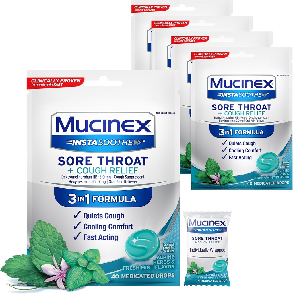 Mucinex InstaSoothe garganta dolorida + alívio de tosse ervas alpinas e sabor de hortelã, ação rápida, conforto de resfriamento, poderosa dor na garganta alívio da dor oral, 40 gotas medicadas (40 contagem (Pacote de 5))