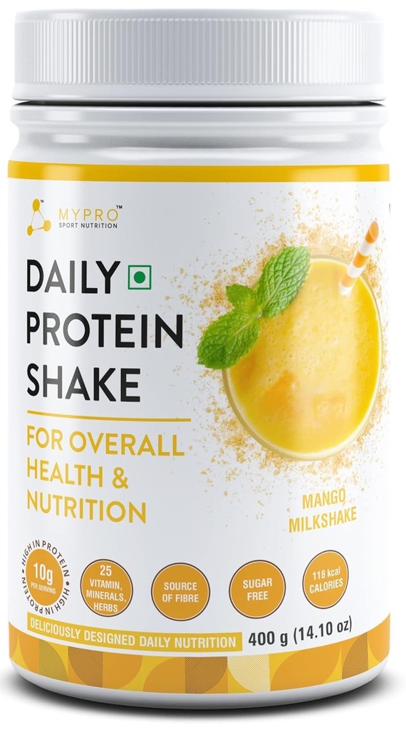 Genéricos QURA Daily Protein Shake 118 kcal Calories,25 Vitamina,Minerais e 7 ervas,Fornecer energia,Suporte imunidade e osso Saúde-Para homens e mulheres Mango Milk Shake Flavor -400Gm-40 Servings