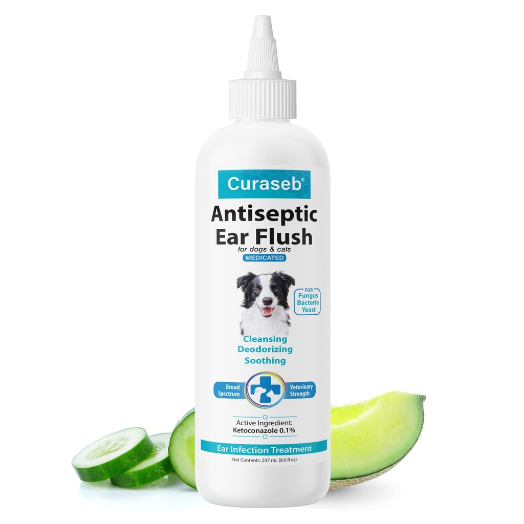 Solução de tratamento de infecção do ouvido do cão Curaseb – acalma coceira e orelhas inflamadas – limpa debris e acúmulo - 8 onças