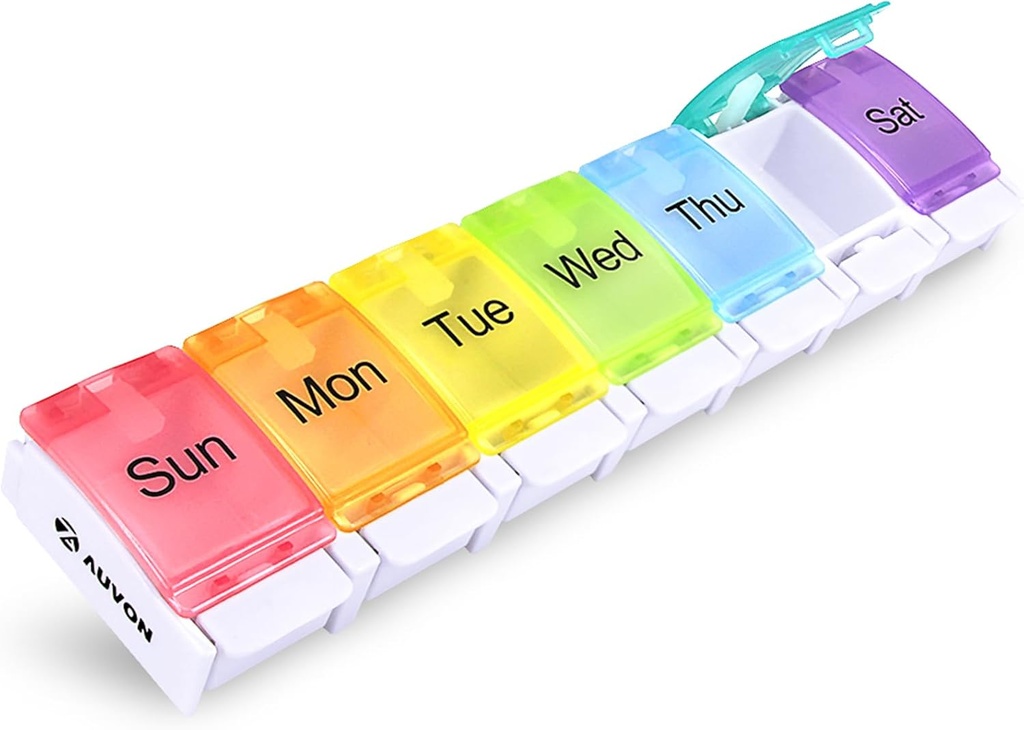 AUVON Weekly Pill Organizer Artrite Friendly, BPA Free Travel 7 Day Pill Box Case com Spring Open Design e grande compartimento para segurar vitaminas, óleo de fígado de bacalhau, suplementos e medicação