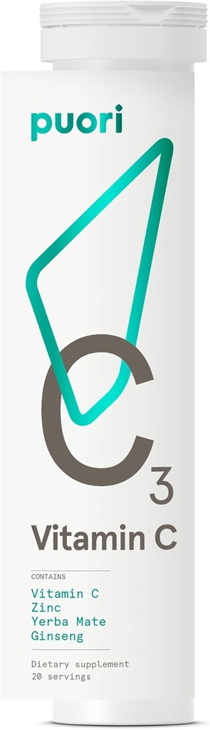 Puori C3 Suplemento de vitamina C para apoio imunológico e antioxidante - 20 Servos - Vitamina C, Zinco, Yerba Mate, Ginseng ajuda a combater fadiga e função cognitiva