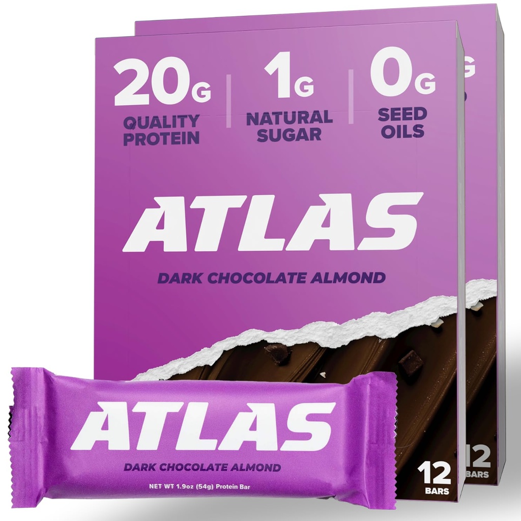 Atlas Protein Bar, 20g Protein, 1g Açúcar, Ingredientes limpos, Sem glúten, Amêndoa de Chocolate Escuro (12 Count, Pack of 2)