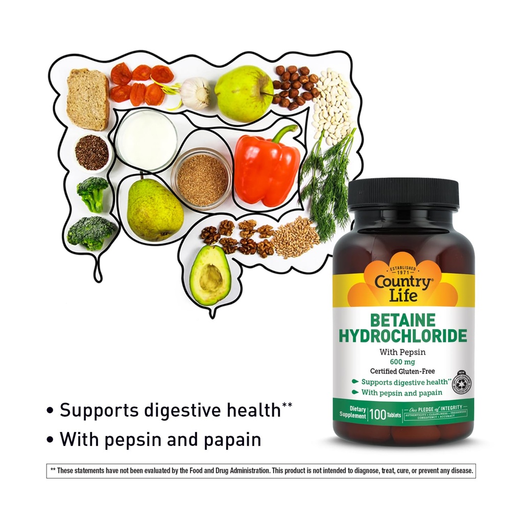 Cloridrato de betaína com Pepsin, 600mg, 100 comprimidos, Gluten Free certificado