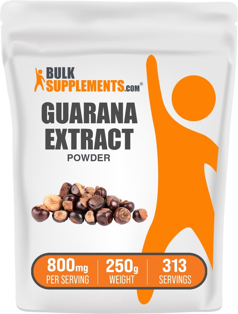 BulkSuplementos.com Extrato de Guarana em pó - Suplemento de Cafeína Natural, de Sementes de Guarana, Pó de Guarana - Sem glúten, 800mg por serviço, 250g (8,8 onças) (Pacote de 1)