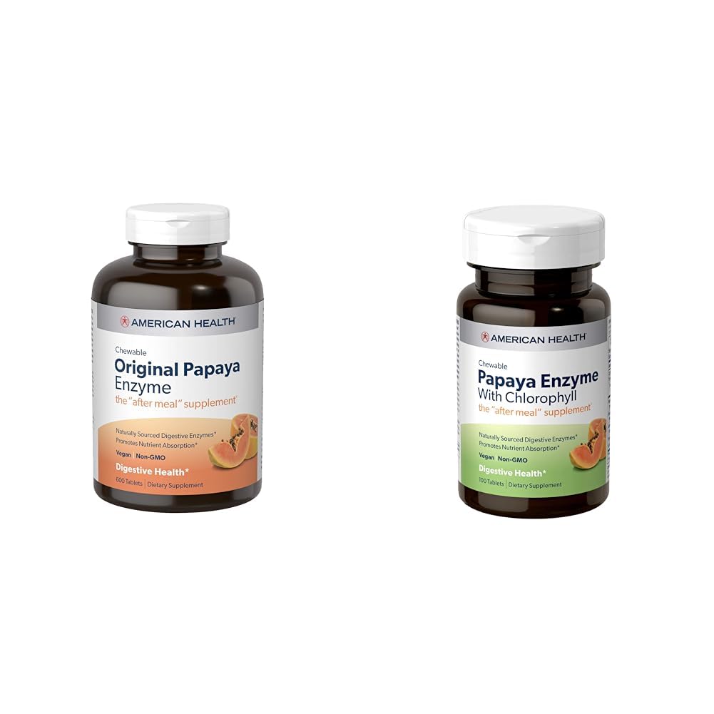 American Health Papaya Digestive Enzyme Chewable Tablets Bundle - Original 600 Conde e com Clorophyll 100 Conde