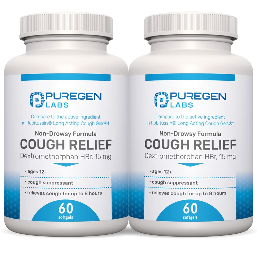 P Puregen Labs Cough Relief for Adults Dextromethorphan HBr 15mg (120 Softgels) 8 horas, não-drowsy, Long-Lasting Bronchial Supressant (Ages 12+) Compare com Robafen e Robitussin 2Pack