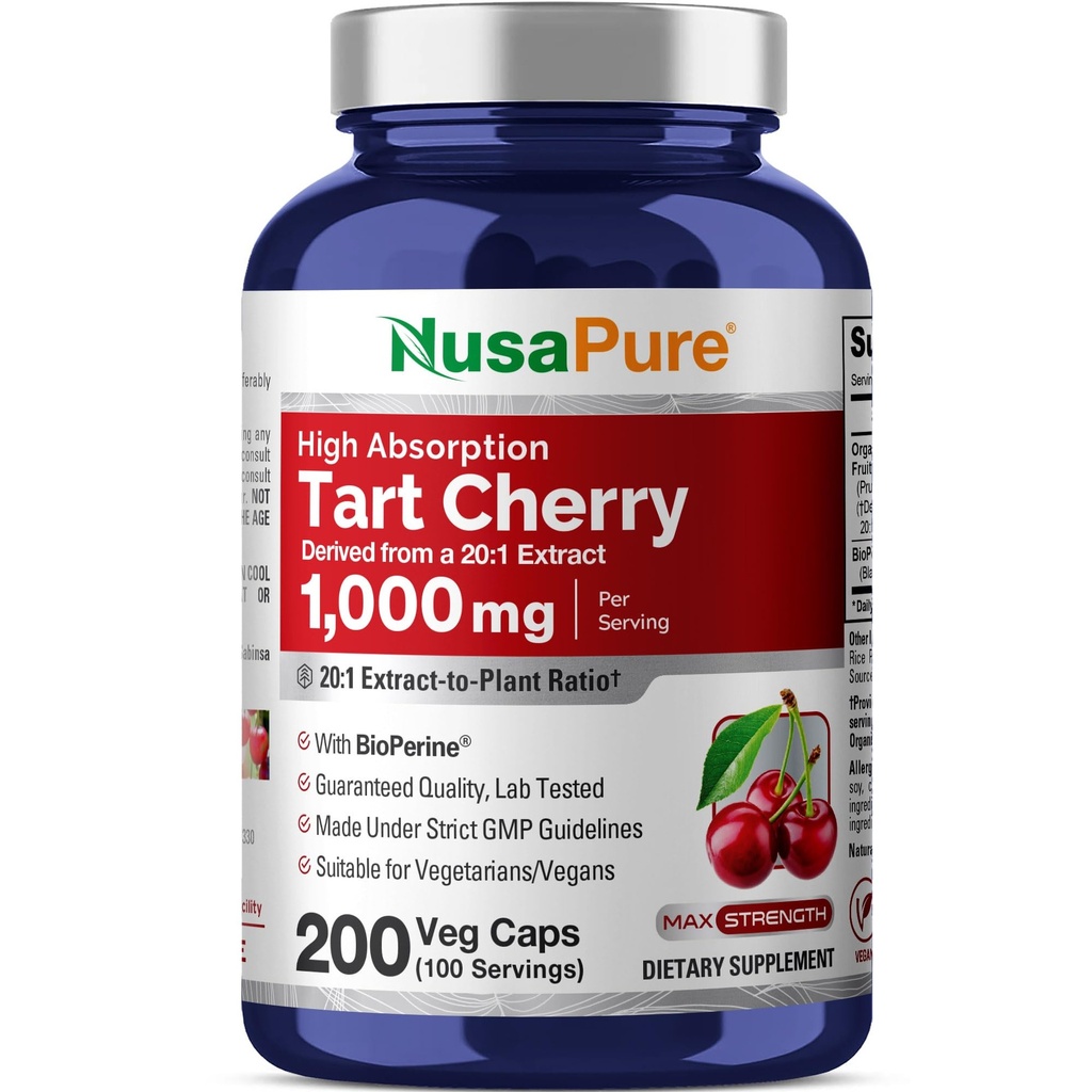 NusaPure Organic Tart Cherry 20:1 Extract, 1000 mg Equivalente a 20.000 mg 200 Veggie Caps (Vegan, Non-GMO) Bioperine