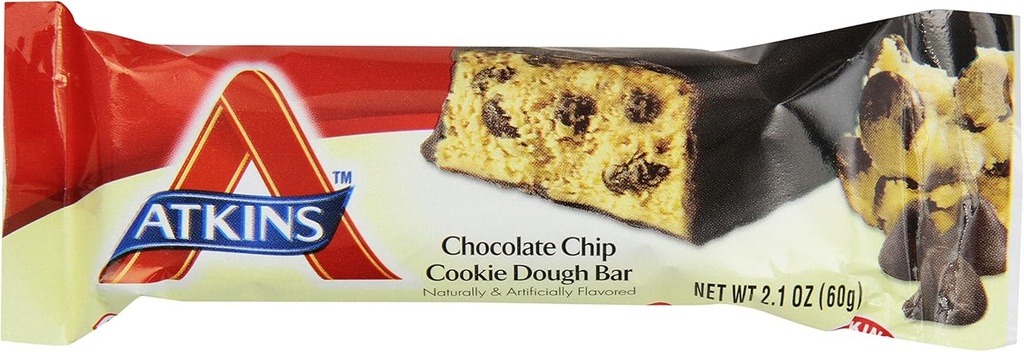 Atkins Chocolate Chip Cookie Dough Protein Meal Bar, alta fibra, 1g de açúcar, 3g de carboidratos líquidos, substituição de refeições, 5 contagem (Pack de 6)