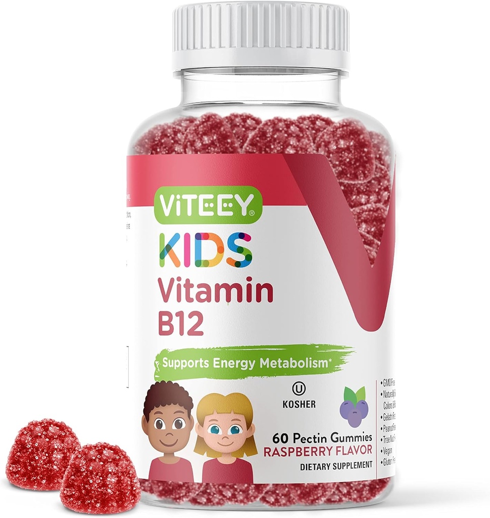 Viteey Vitamina B12 para chicletes para crianças, 1000mcg - Metabolismo, Suporte de energia natural - Vegan, Gelatina livre, Gluten Free, GMO livre - saborosa mastigado B12 Framboesa saborosa Gummy