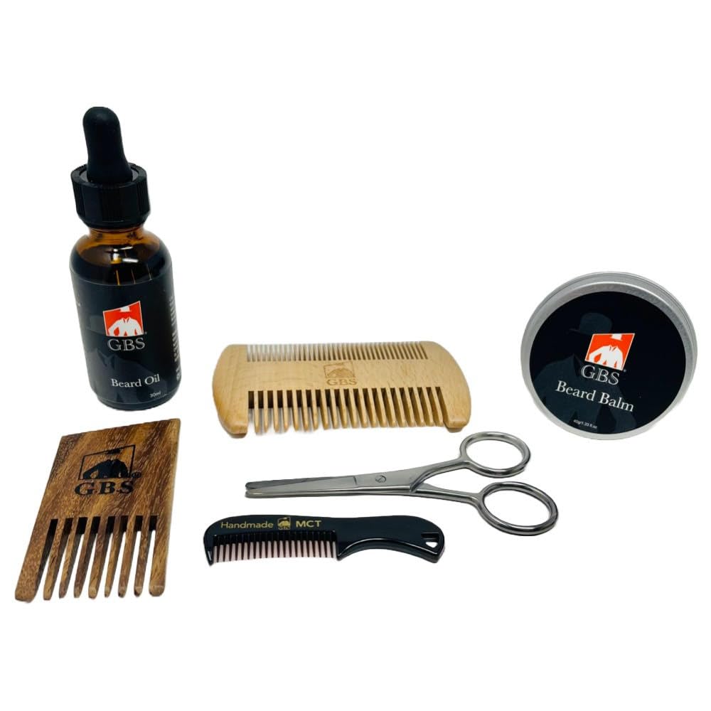 G.B.S Kit de Barba Natural - Óleo de Barba com Jojoba, Beard Conditioning Balm, 2 Sided Wood Beard Styling Comb, Bolso Pente de bigode, Barba e Tesoura de aparar bigode