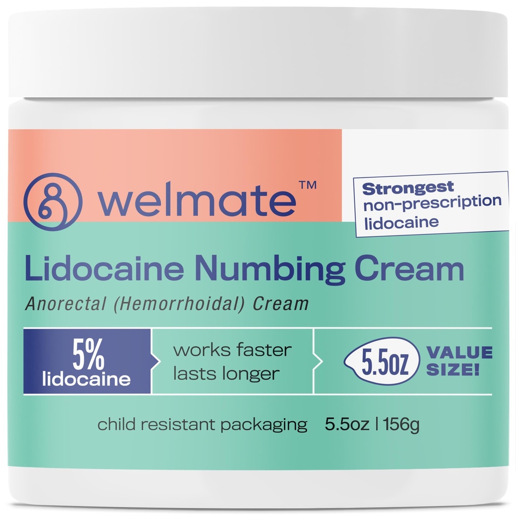 WELMATE 5% Lidocaine Hemorrhoid Relief Cream, creme anorretal de força máxima, 5,5 onças