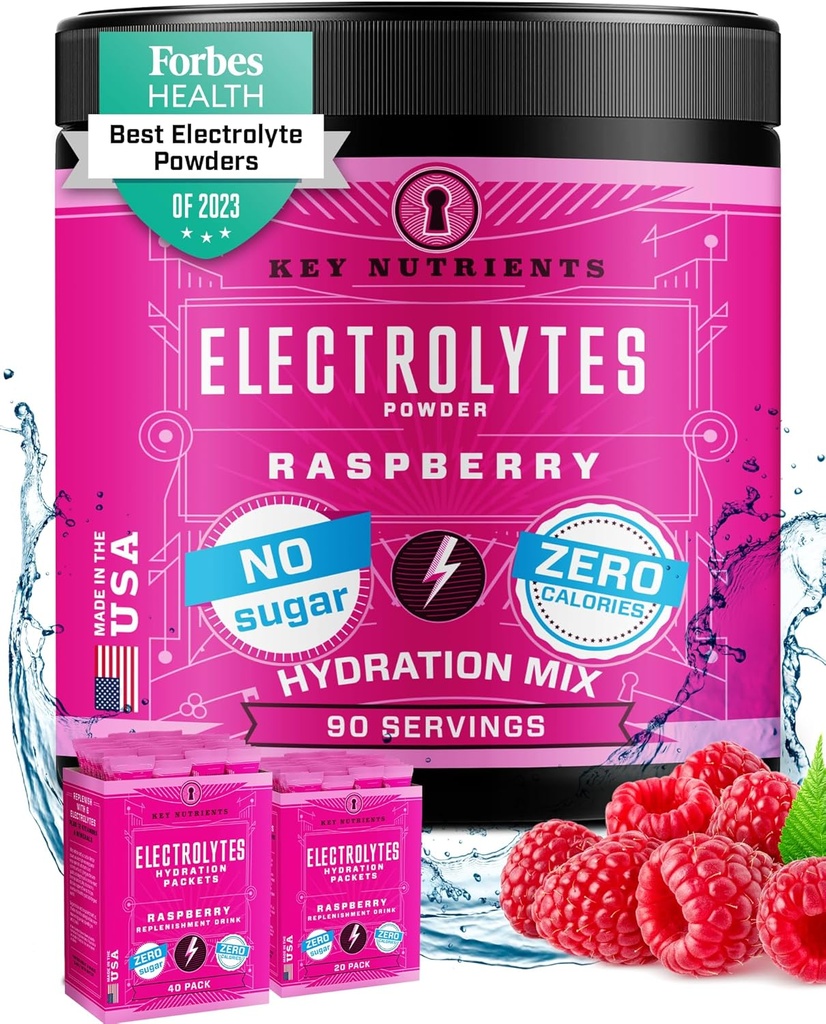 KEY NUTRIENTS Eletrólitos multivitamínicos em pó sem açúcar - Juicy Framboesa Eletrolítico em pó - Hydration Powder - Sem calorias, sem glúten Keto Eletrólitos em pó - 90 Servões - Made in USA