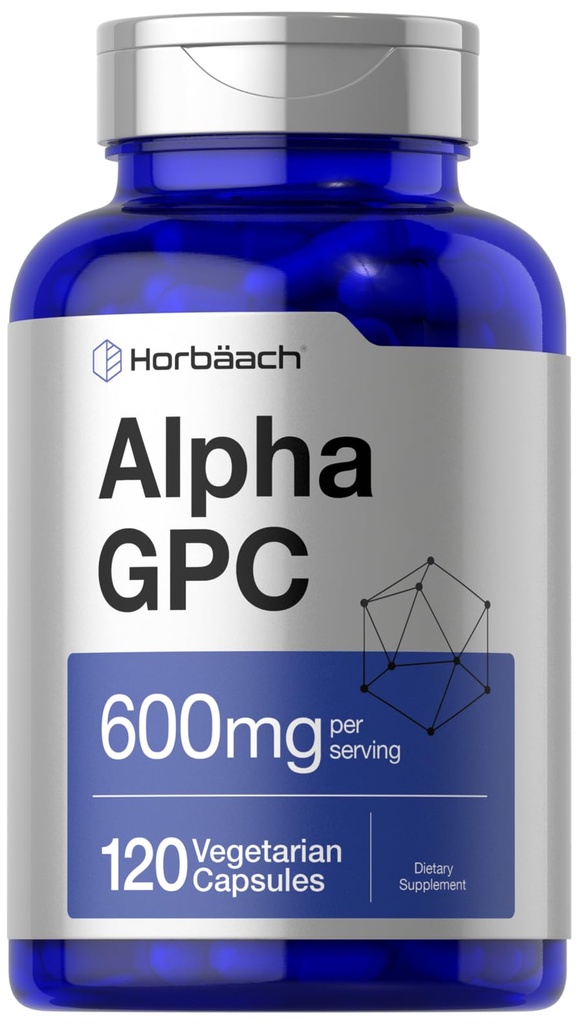 Horbäach Alpha GPC 600mg □ 120 Cápsulas Vegetariana, Não-GMO e Glúten Suplemento de Colina Livre □ Suporta Memória Saudável, Foco e Clareza