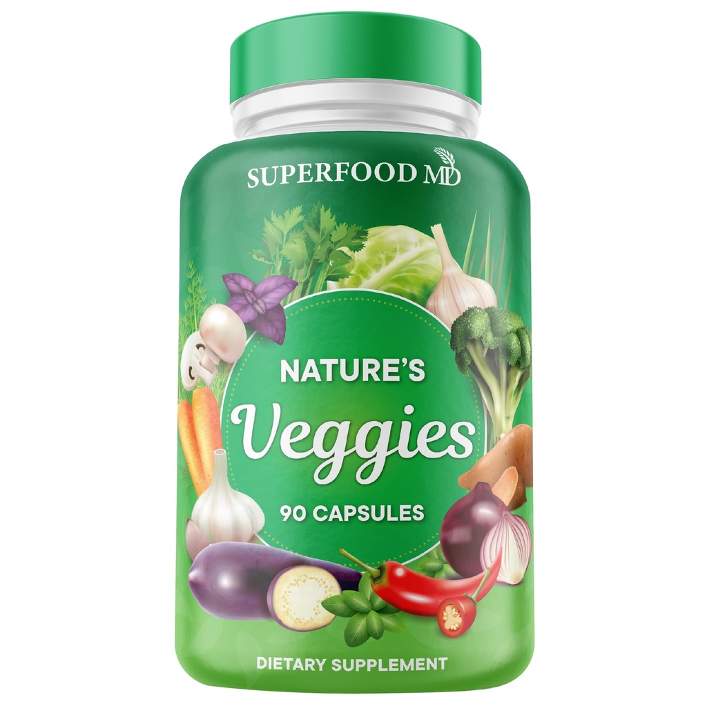 Superalimento MD Veggies Suplemento - 90 Veggie Cápsulas - Suporta Níveis de Energia, Beta Caroteno, Vitaminas e Minerais - Soy Free - 90 Contagem