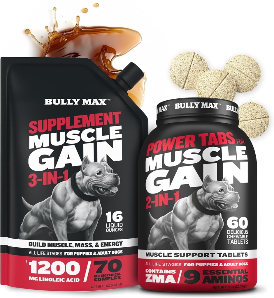 Bully Max 3-em-1 Liquid Dog Muscle Builder and Power Tabs (60 tabs) Bundle – Suplemento de alta proteína e multivitaminas mastigáveis para o crescimento muscular, energia e recuperação em todas as raças, filhotes e cães adultos