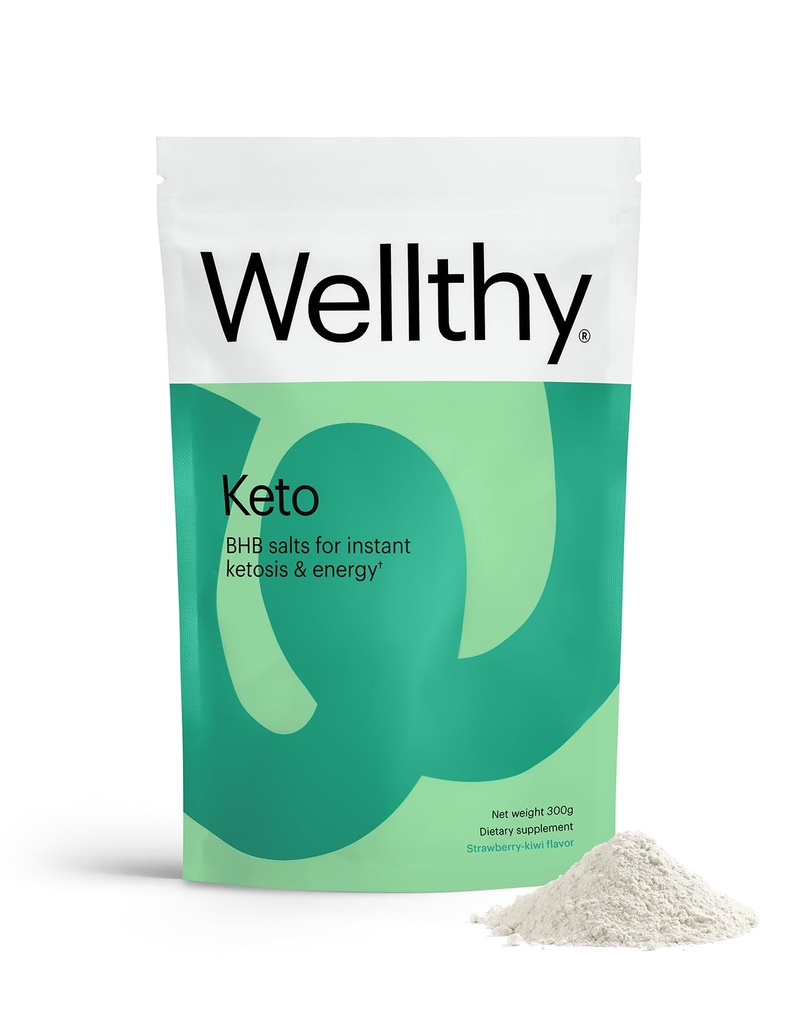 Poder de Keto de Wellthy com sal BHB para cetose instantânea e energia, morango natural sabor Kiwi, 10,58 oz