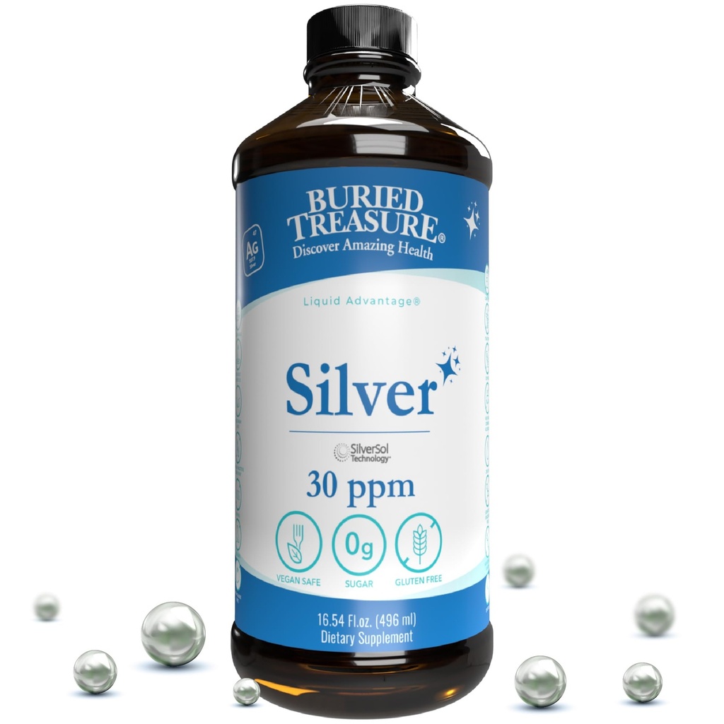 Tesouro enterrado líquido de prata purificado 30 PPM - 16 oz. 96 Servimentos, solução de prata Nano não acumulado, spray e suplemento imunológico dietético
