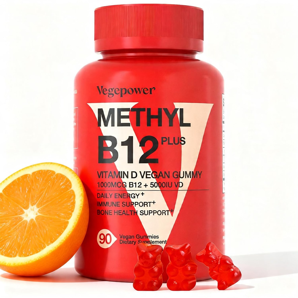 Vitamina Vegan D3 & B12 Gummies, Suplemento Metil B12 para Adultos e Crianças, Melhorado com Vitamina D 3 para Energia Natural, Imune, Metabolismo e Foco, Laranja, 90 Gummies