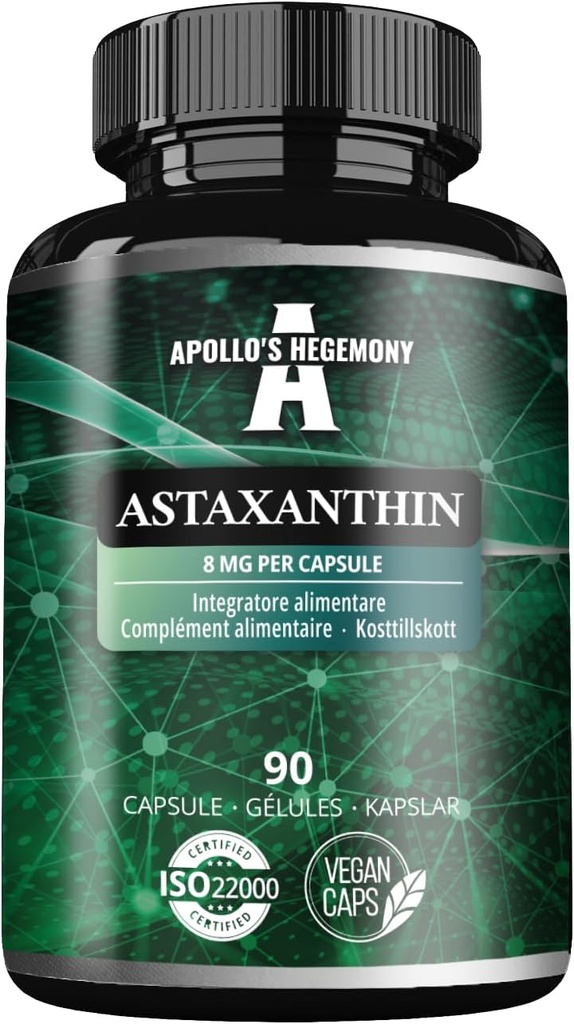 APOLLO'S HEGEMONY Astaxantina 8 mg de Microalgae Haematococcus pluvialis - 90 Cápsulas Vegan - 3 Meses Abastecimento - Poderoso antioxidante - Suplemento Diet