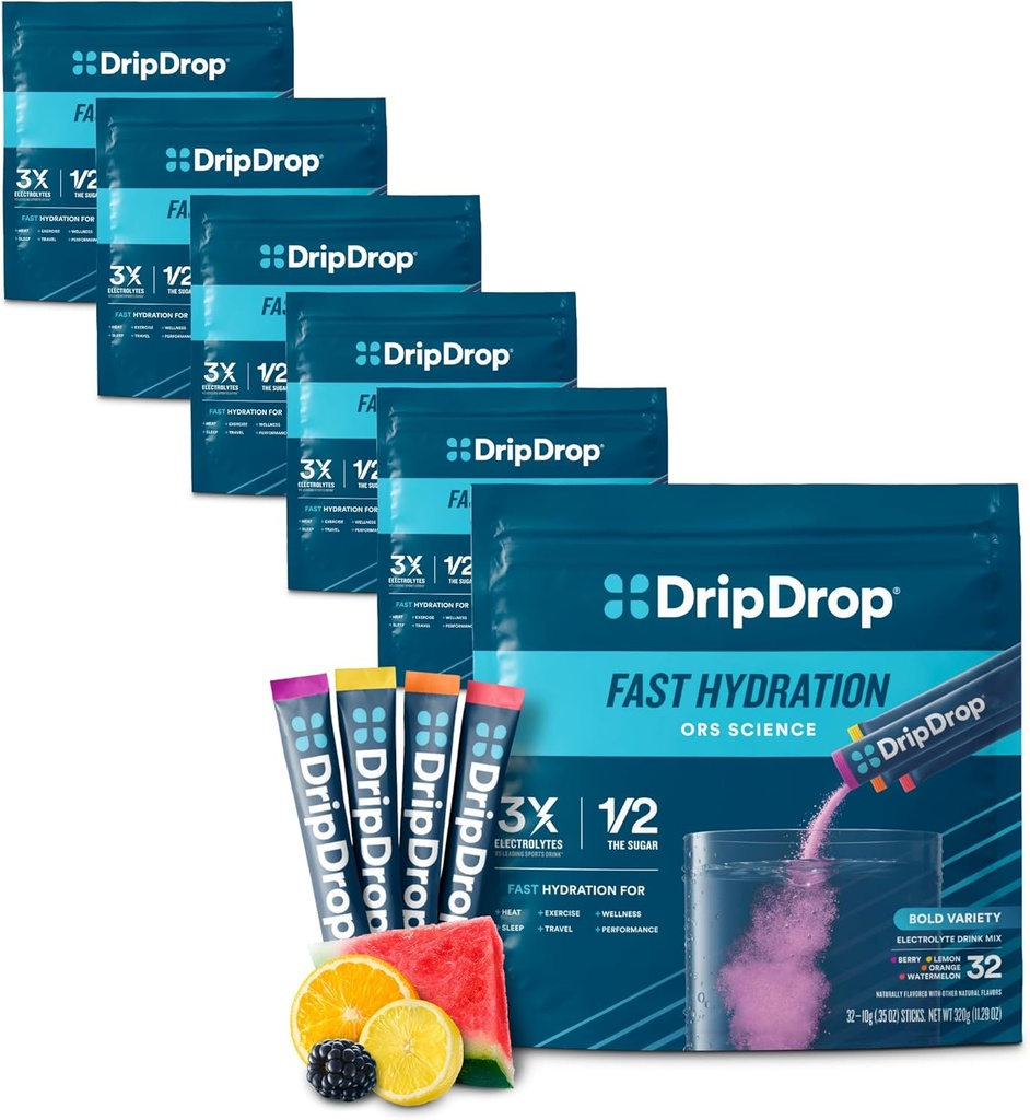 DripDrop Hydration Packets - Bold Variedade Pack - Eletrólitos de serviço único mistura de bebida em pó - melancia, Berry, Limão, Laranja - Não-GMO, Gluten Free, Vegan - 192 Sticks