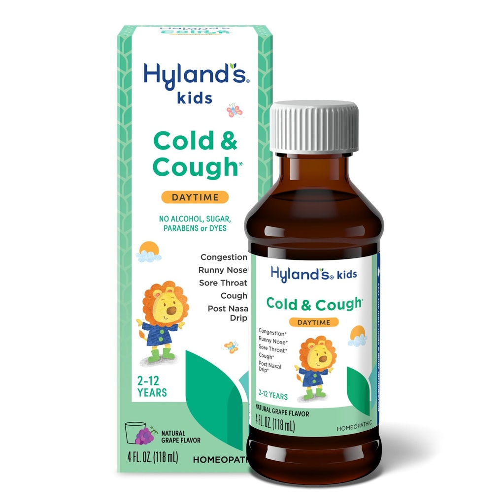 Hyland's Kids Frio e Tosse, Sabor de uva diurno Medicina de xarope de tosse para crianças Idades 2 e para cima, Descongestionante, Alívio da garganta ferida, Tratamento Natural para sintomas frios comuns, 4 Fl Oz