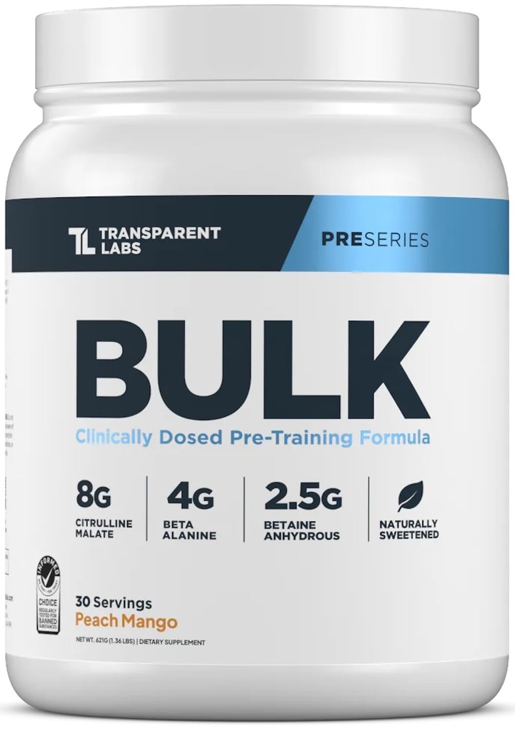 Laboratório Transparente Bulk pré-treino em pó - fórmula pré-treino avançada naturalmente adoçada para construção e força muscular - 30 Servings, Manga de pêssego
