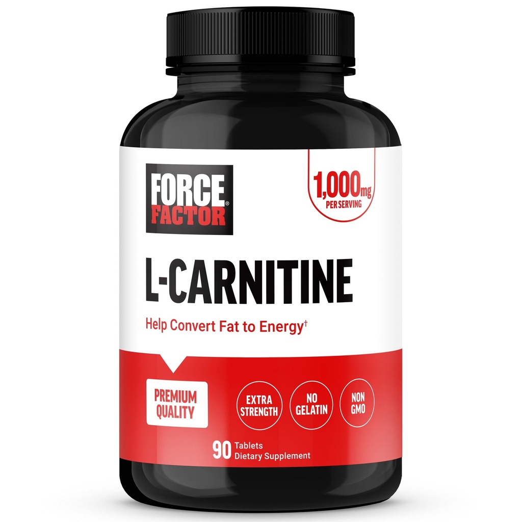 FORCE FACTOR L-Carnitina Suplemento, L Carnitina Tartrate 1000mg Cápsulas para converter gordura em energia, apoio de recuperação muscular, e aumento do desempenho do exercício, Vegan, Não-GMO, 90 comprimidos