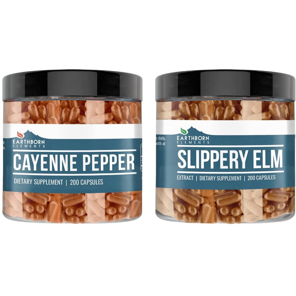 Elementos nascidos da Terra Cayenne Pimenta & Slippery Elm Bundle (200 Cápsulas Cada) Puro e não diluído, Sem aditivos