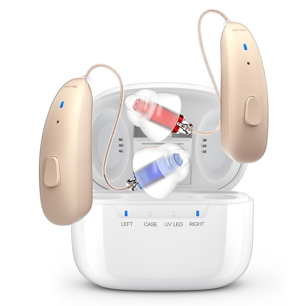 Aids auditivos recarregáveis para idosos - Behind-the-Ear BTE Hearing Aid with Ruise Cancelling for Severe Hearing Loss, Invisível OTC Hearing Amplifier with Charging Case for Adults